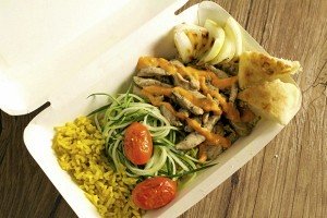 HEALTHYOPTION “Least sinful” (but no less yummy) offering, Chicken Shawarma Plate (P150).