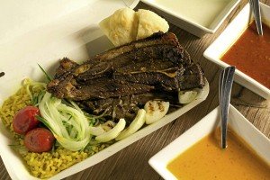 PERSONAL FAVORITE Lamb Steak Plate (P200) with 3 different sauces to choose from: garlic yogurt, cheese and spicy tomato.