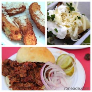 A selection of street eats served outside city hall. Clockwise from top left, Mr. Churritos’ traditional deep-fried Mexican flour dough dusted with cinnamon and sugar; from Bobites, baked potato, sour cream, butter, cheddar and chives; from Urban Cowboy, the Belcher Burger with smoked brisket, barbecue sauce on a potato bun with onion, pickle.