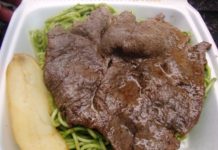 New York, NY: Street Eats – Steak Over Spaghetti Pesto from Manos Peruanos