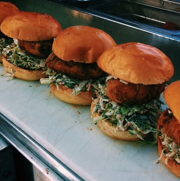 Fried chicken sandwiches by Doc’s of the Bay, one of the food trucks on rotation at the new Uptown Oakland Off The Grid. Photo: Doc’s of the Bay