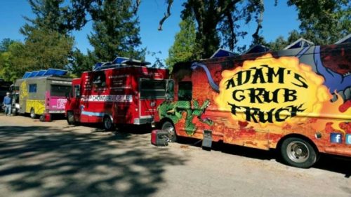 Food trucks sponsored by Palo Alto's Stanford Federal Credit Union arrived with Palo Alto and credit union staff on Monday, Sept. 28, to serve Valley Fire 1,000 fire victims free meals. Photo courtesy of Lake County OES.