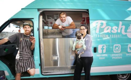 Food Truck Rumble collaborators David Bignell, Matt Suter and Sarah Sander with Homer Pugalicious at the Pash food van. Picture: Sharon Smith/The West Australian