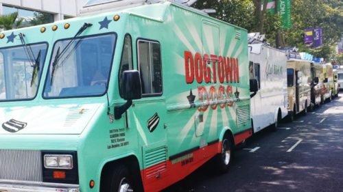 Food trucks assemble outside the  Los Angeles County Museum of Art.  An alarming report found about 27 percent  of food trucks operating in Los Angeles  county have earned less than an “A” grade  in the past two years. (iStock)